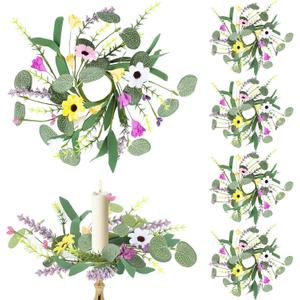 6 PCS Spring Flowers Taper Candle Rings Wreaths 1.38" Mini Spring Summer Floral Taper Candle Holder Wreaths Colorful Artificial Wildflowers Table Centerpieces Wreath for Church Home Wedding Decor