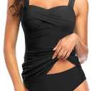 Holipick Two Piece Underwire Tankini Swimsuits for Women Tummy Control Tankini Top Bandeau Bathing Suits with Bottom, L