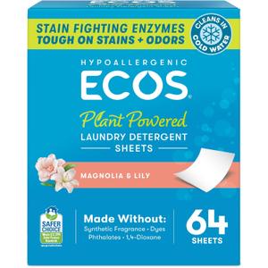 ECOS Laundry Detergent Sheets Vegan, No Plastic Jug, No Mess, Liquid Free - Hypoallergenic, Plant Powered Laundry Detergent Sheet - Magnolia & Lily - 64 Count (Pack of 1)