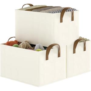 Closet Storage Bins, Fabric Closet Organizers and Storage Basket for Shelves, Collapsible Shelf Baskets for Organizing Shelves, Bedroom Clothes Basket, Beige, 3 Pack