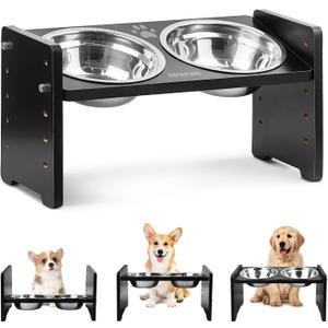 Elevated Dog Bowls, Adjustable Raised Dog Bowl Stand for Small Size Dogs and Cats, Durable Bamboo Dogs Feeder with 2 Stainless Steel Bowls and Non-Slip Feet, Pet Food Bowl for Small Sizes (Black)