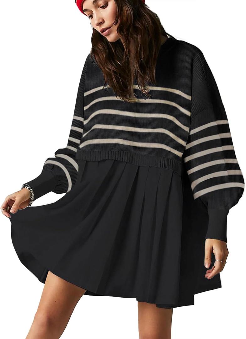 Womens Oversized Sweater Dress Spring Fall Trendy Long Sleeve Crewneck Pullover Tops Relaxed Fit Sweatshirts Mini Dresses (Medium, Stripedblack)