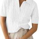 Imily Bela Women's Cable Short Sleeve Sweaters Tops Solid Lapel V Neck Knit Casual Soft Pullover Shirt (X-Large, White)
