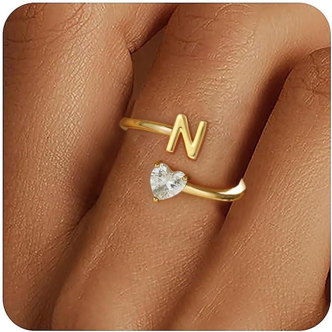 Gold Initial Rings for Women Girls - 18K Gold Plated Adjustable Letter A-Z Initial Ring Dainty Heart Initial Rings for Women Teen Girl Gifts