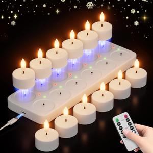 Rechargeable Flameless Tea Lights Candles with Charging Station 12Pcs Battery Tea Lights Candles with Remote & Timer LED Tealight Flickering Realistic for Home Christmas Wedding Decor - White