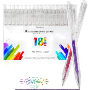 SMOOTHERPRO Glitter Retractable Gel Pens 18 Colors Metallic Colored Gel Pen 1.0 mm Bold Silver Glitter Gel Ink for Adults Coloring Journaling Drawing Doodling (GRP018N)