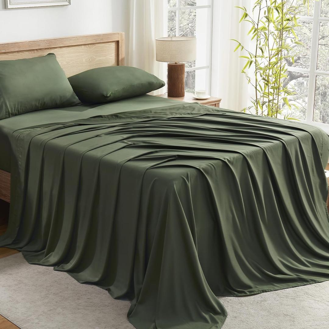 Andency Dark Olive Green Queen Sheets Set, 100% Viscose Derived from Bamboo, Cooling Bed Sheets Queen Size, Deep Pocket Up to 16", Silky Soft Sheets, Hotel Breathable Bedding Sheets & Pillowcases