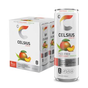 CELSIUS Fizz Free Peach Mango Green Tea, Sugar Free Energy Drink, 12 Fl Oz (Pack of 4), BB Date: 06/ 26