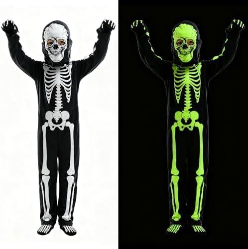 DERJLY Kids Glow Skeleton Costume: Boys Girls Glowing Skeletons Clothing 4 Set for Holloween Cosplay Party, Size Medium