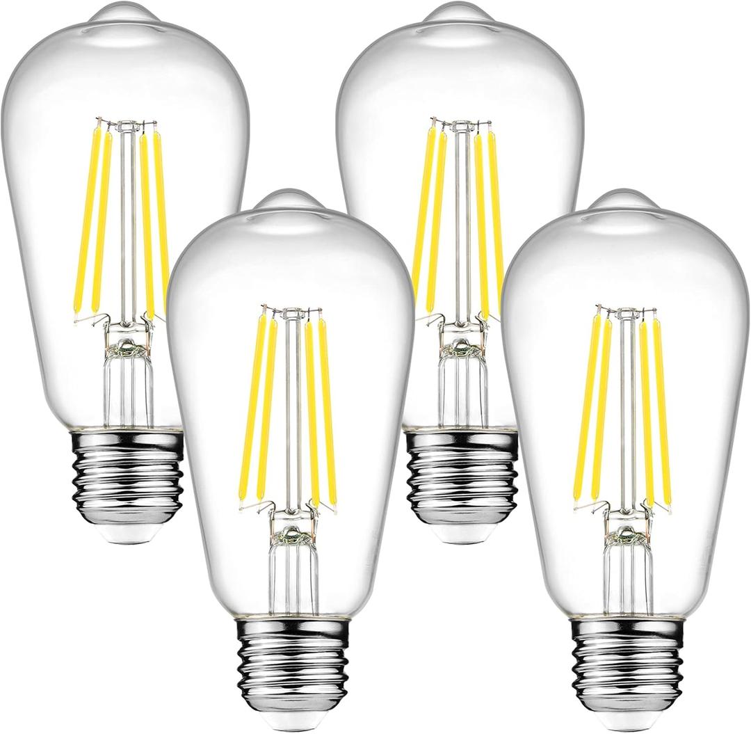 Ascher Dimmable Vintage LED Edison Bulbs, 6W, Equivalent 60W, Bright Cool White 4000K, 80+ CRI, ST58 Antique LED Filament Bulbs, E26 Medium Base, Clear Glass, Pack of 4