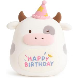 12 inch Happy Birthday Cow Plush Pillow, Soft Penguin Plushies Toy, Cute Milk Cow Print Stuffed Animal Home Room Decoration Birthday Party Easter Gift for Kids Boys Girls, Halloween, Christmas