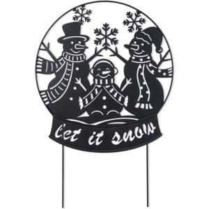 Glitzhome Christmas Metal Silhouette Snowman Family Waterglobe Yard Stake, 30 Inch Outdoor & Wall Decor with Lighted Scene, Holiday Lawn Art for Festive Home Decorations