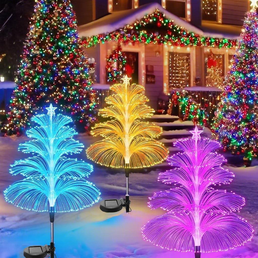 Solar Christmas Tree Lights Outdoor, 7-Color Changing Jellyfish Lights with 5-Layer Fiber Optics, IP65 Waterproof Pathway Decor for Yard Lawn Patio (3Pack)