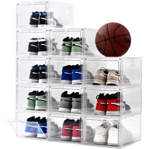 Shoe Organizer,Thicken & Sturdy Shoe Boxes with Magnetic Door,Stackable Plastic Shoe Storage Boxes Containersfor Sneakers,13.5" x 10.5" x 7.4" (Clear, 12 Pack)