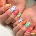 Press on Nails Medium Almond Fake Nails with Flower Swirl Designs Yellow French Tip Nails Press ons Glossy Glue on Nails Summer False Nails Blue Acrylic Nails Cute Stick on Nails for Women 24Pcs