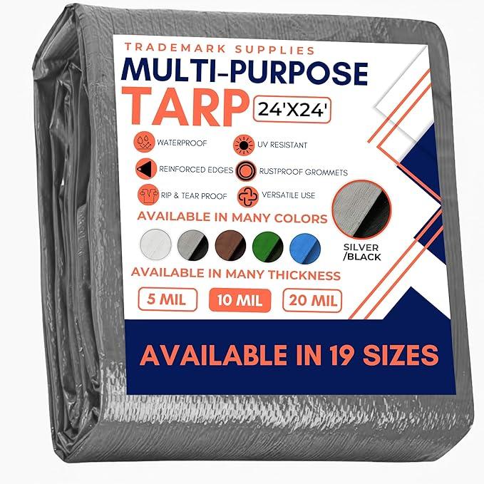 Tarp Cover 24X24 Silver/Black Heavy Duty Thick Material, Waterproof, Great for Tarpaulin Canopy Tent, Boat, RV Or Pool Cover! by Trademark Supplies