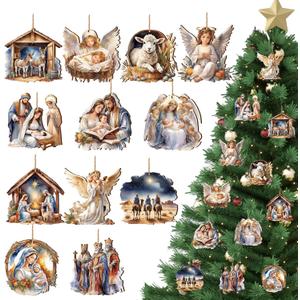 Suzile 36 Pcs Christmas Wooden Ornaments Nativity Ornaments Religious Christmas Decorations for Tree Wreaths Xmas Birth of Jesus Hanging Wood Cutouts Decor for Farmhouse Home Christian Party Favors