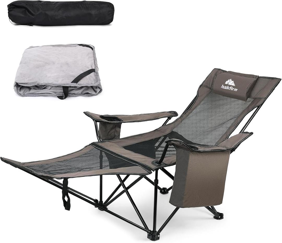 Reclining Camping Chair with Foot Rest Comfortable Lounge Beach Chair Portable Folding Camp Chairs for Adults with Cooler Bag, Cotton Cushion for Outdoor Sports 300 LBS (Coffee+black)