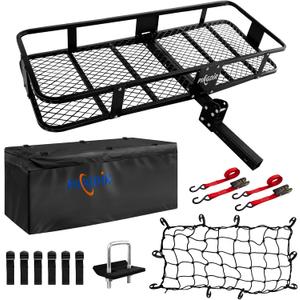 PINGDIR Folding Hitch Mount Cargo Carrier Hitch Rack Basket 60"*21.5"*6" Hauling Weight Capacity of 500 Lbs, Waterproof Cargo Bag 58" 19" 24", with Hitch Stabilizer,Cargo Net and Ratchet Straps