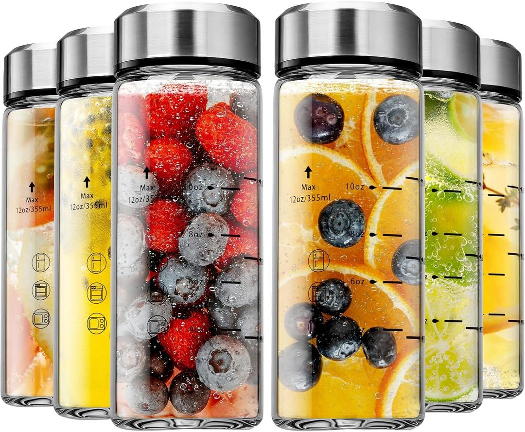 SIEROZUR Glass Juice Bottles 12oz- 4 Pack Wide Mouth Glass Bottles with Lids for Juicing Smoothies, Infused Water, Beverage Storage - BPA Free, Leakproof, Reusable, Borosilicate