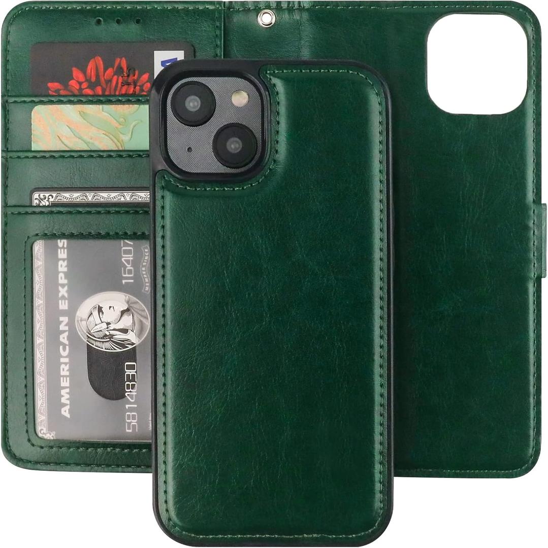 Bocasal Detachable Wallet Case for iPhone 14 RFID Blocking Card Slots Holder Premium PU Leather Magnetic Kickstand Shockproof Wrist Strap Removable Flip Protective Cover 5G 6.1 inch (Green)