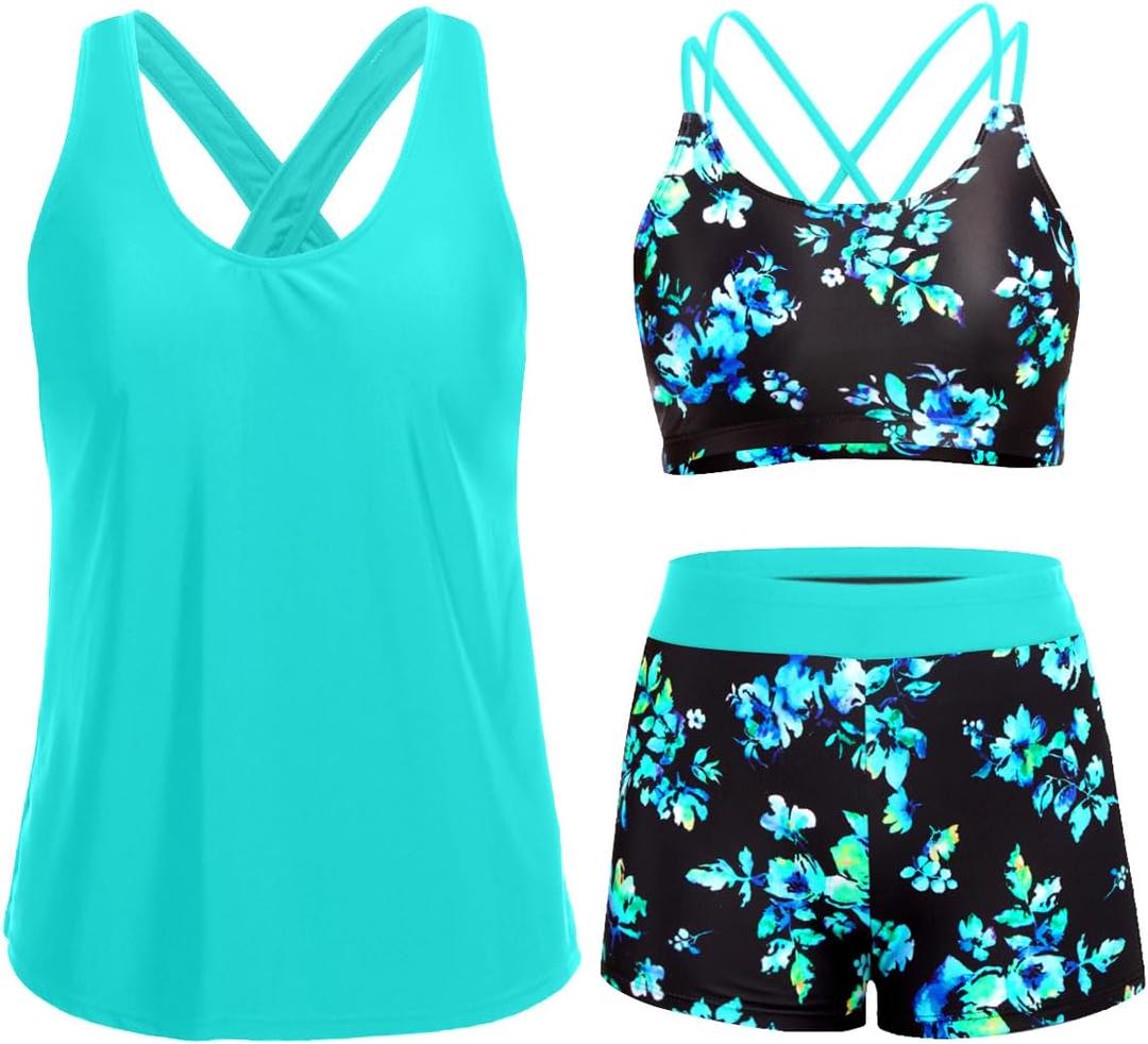 Holipick 3 Piece Tankini Swimsuits for Women Tummy Control Bathing Suits Swim Tank Top with Bra Boy Shorts Teen Swimwear 2026 (Medium, Aqua and Blue)