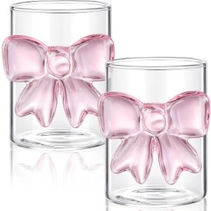 2 Pcs Cute Pink Bow Glass Cups 8oz Coquette Champagne Fashioned Glasses Clear Reinforced Stems and Romantic Pink Bow for Weddings Engagements Party Gifts (Flat Bottom) (Flat Bottom)