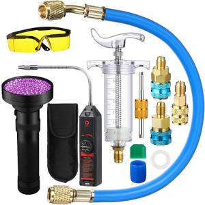 AC Leak Detector Kit R1234yf R134a R410a Hand Push Compressor 1oz/30ml AC Oil UV Dye Injector Kit Refrigerant Leak Detector Tool Low Side Quick Coupler Mini Split Adapter Glasses Flashlight