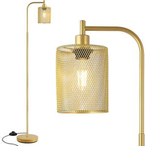 BoostArea Industrial Gold Floor Lamp, 67 Inch LED Standing Lamp with Iron Mesh Lampshade, 6W Brass Stand Up Lamp for Living Room, Bedroom, Office, Den