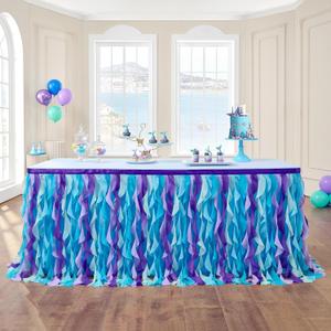 leegleri 6FT/72inch Mermaid Curly Willow Tulle Ruffle Table Skirt Rectangle Tables or Round Tables, Blue Tutu Table Skirt for Baby Shower Baby Shark Birthday Party
