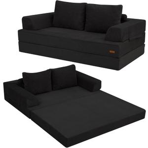 COMAX Futon Sofa Bed, Convertible Folding Sofa Bed, Boneless Couch Loveseat Corduroy with Pillows, Small Foldable Floor Couch Comfy Lounge Sleeper for Living Room Bedroom, Black (Standard (59"))