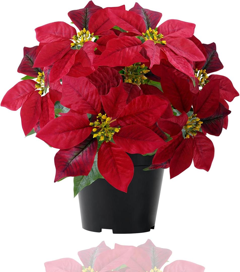 MELAJIA Poinsettia Artificial Red Christmas Flowers 14Inch Faux Poinsettia Plant Winter Flowers for Indoor Outdoor Xmas Ornament Porch Home Garden Decorations