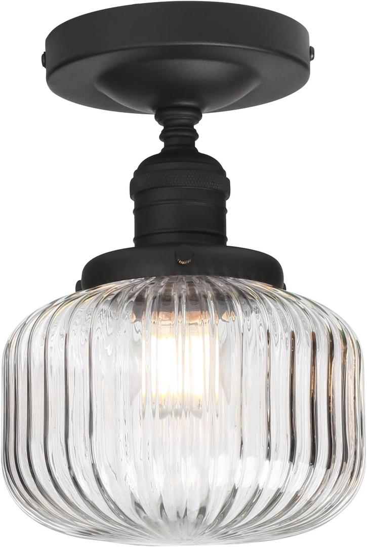 Yosoan Indoor Vintage Ceiling Light with Striped Shade, 1-Light Hardwired Modern Vanity Light Industrial Single Rustic Semi Flush Mount Ceiling Lamp Ribbed Glass Shade for Kitchen Hallway(Black)