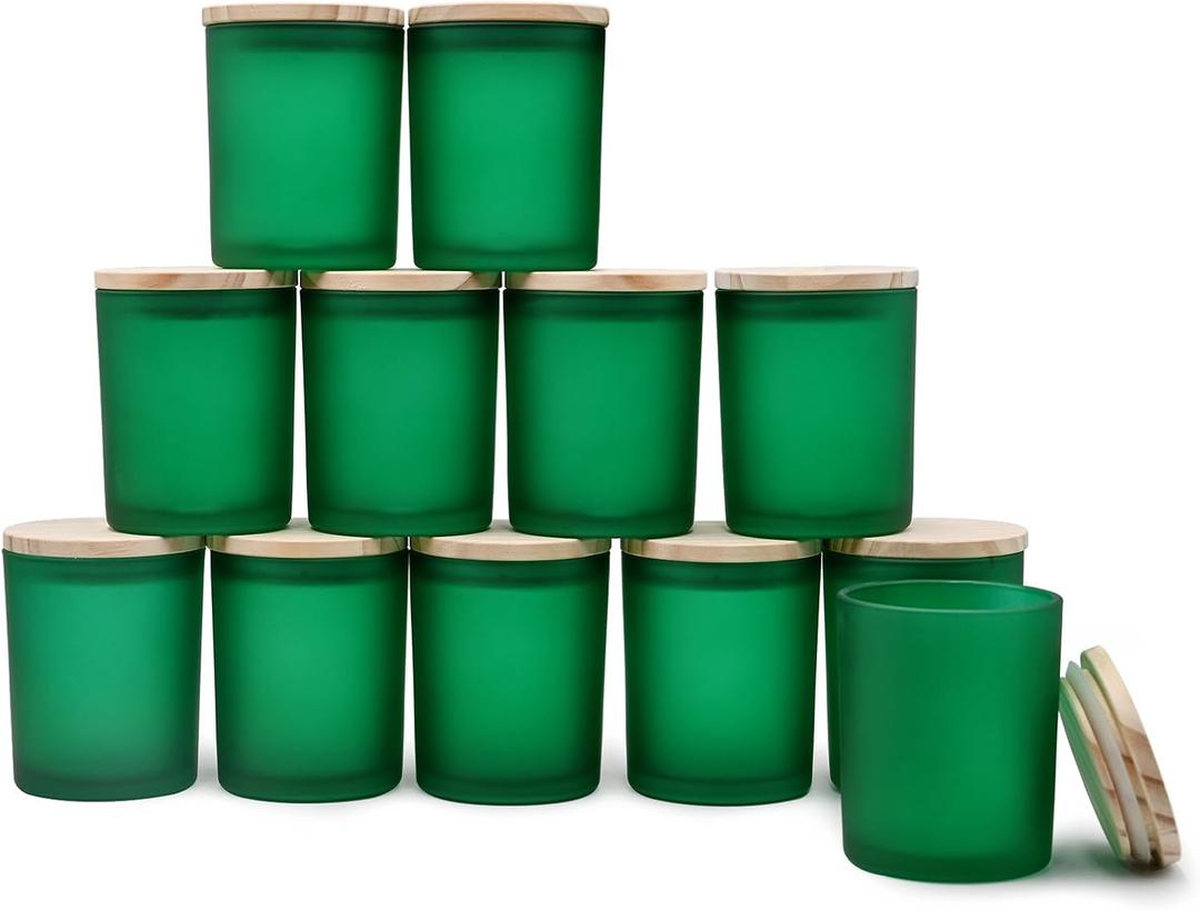 Thick Candle Jars for Making Candles 12 Pcs, 7 OZ Empty Jars with Wood Lids for Candle Making, Sample Container, Frosted Green