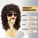 70s Mens Brown Wig + Glasses + Golden Chain + Peace Sign Necklace + Mustache + Wig Cap Long Curly Funny Synthetic Wigs for Retro Outfit Men Party Hippies Rocker Costume Cosplay Halloween, 6pcs Set
