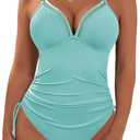 Womens Tummy Control One Piece Swimsuit Ribbed Slimming Mesh Modest Bathing Suit Metal Tie Knot Swim Suits (XX-Large, Aqua Blue)