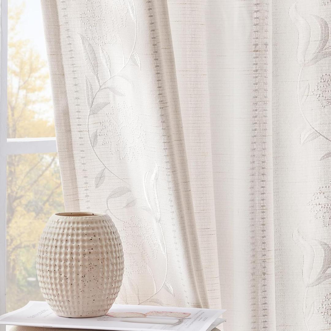 jinchan Winslow Linen Curtains for Bedroom 96 Inches Length Embroidered Bordered Floral Curtains for Living Room Farmhouse Decor Light Filtering Window Treatments White on White Drapes 2 Panels