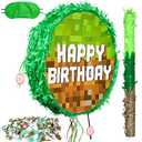 Birthday Pixel Pinata, Green Pixel Birthday Party Decorations with Stick Blindfold and Confetti Pixel Party Supplies for Kids Birthday, School Activities Game Party Decor