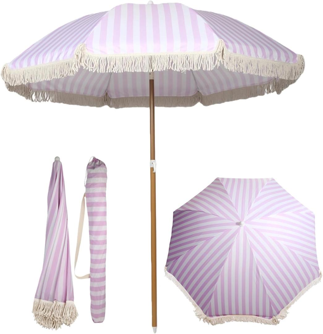Bohemian Outdoor Umbrella with Tassels, 6 ft Beach Umbrella with Fringe, Adjustable Angle & Height, Portable Outdoor Sun Shade for Patio, Pool, Garden, Backyard