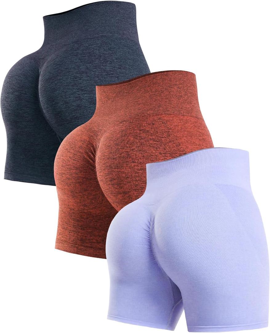 YNNTHY 3 Piece Gym Shorts Women High Waisted Scrunch Butt Workout Shorts Seamless Yoga Biker Shorts (Large, Navy/Brick Red/Violet)