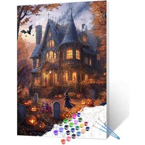 Paint by Number Halloween Spooky Castle DIY Painting On Canvas with Brushes Acrylic Paints Pumpkins Bats Witch Halloween Wall Decor Paint by Numbers for Adults Beginner 16x20 Inchwithout Frame
