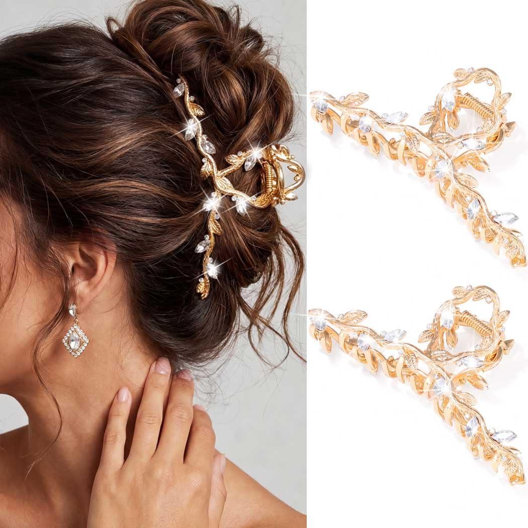 BARTOSI Gold Hair Clips Fancy Rhinestone Claw Clips Metal Hair Claw Sparkly Hair Accessories for Women (Pack of 2)