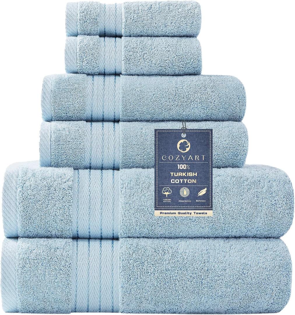 COZYART Light Blue Towel Sets for Bathroom 6Pcs, Turkish Cotton Bath Towel Set Soft Highly Absorbent and Durable 650 GSM Luxury Bathroom Sets with 2 Bath Towels, 2 Hand Towels, 2 Washclothes