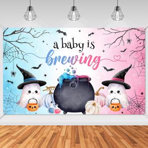 Mocsicka A Baby is Brewing Backdrop Halloween Ghost Gender Reveal Background Spooky Pumpkin Gender Reveal Banner Party Decorations Photo Booth Props (6x3.6ft)