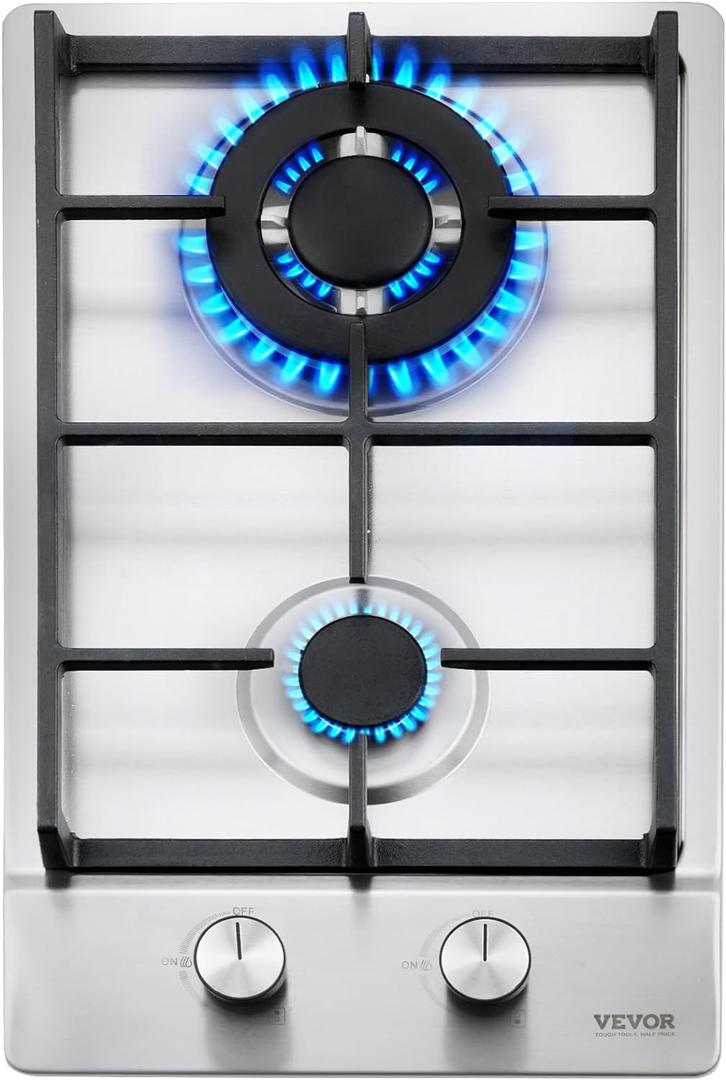 VEVOR Gas Cooktop 12 inch, Max 12250BTU 2 Burners Built-in Stainless Steel Gas Stove Top, LPG/NG Convertible Dual Fuel Natural Gas Hob with Thermocouple Protection for Outdoor, Kitchen, Camping, RV