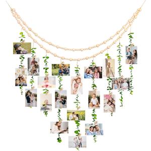 TXIN Hanging Photo Display Holder Wall Decor with Wooden Cards Clips, Boho Style Picture Frame Wood Beads Garland Artificial Eucalyptus Plant Home Decoration for Farmhouse Greenery Cubicle Bedroom