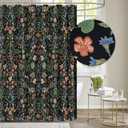 Tititex Boho Rustic Floral Black 140gsm Faux Linen Shower Curtain, Vintage Watercolor Leaves with Flowers Bathroom Decoration Shower Curtain Sets 71x71 Inch with Hooks