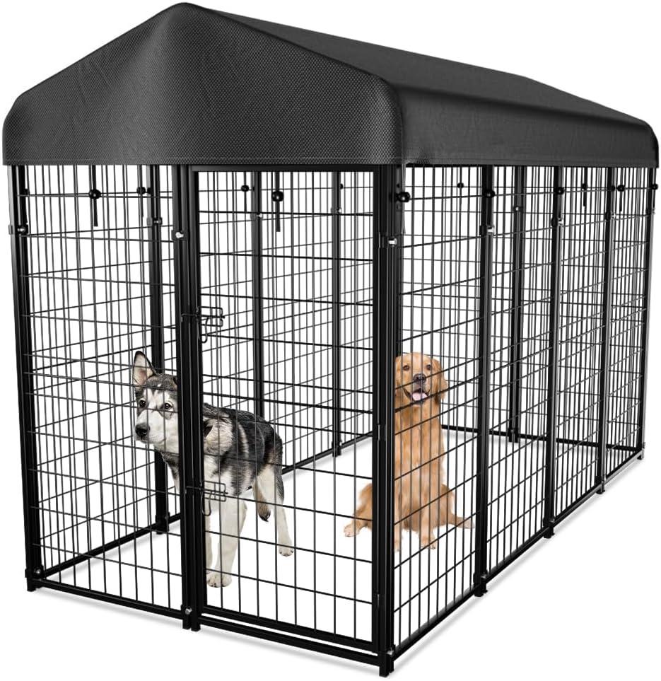 PawGiant Dog Kennel Outside with Roof, 8'x6'x4' Outdoor Dog Kennels for Large Dogs, Heavy Duty Welded Dog Crate Playpen with UV-Resistant Waterproof Cover