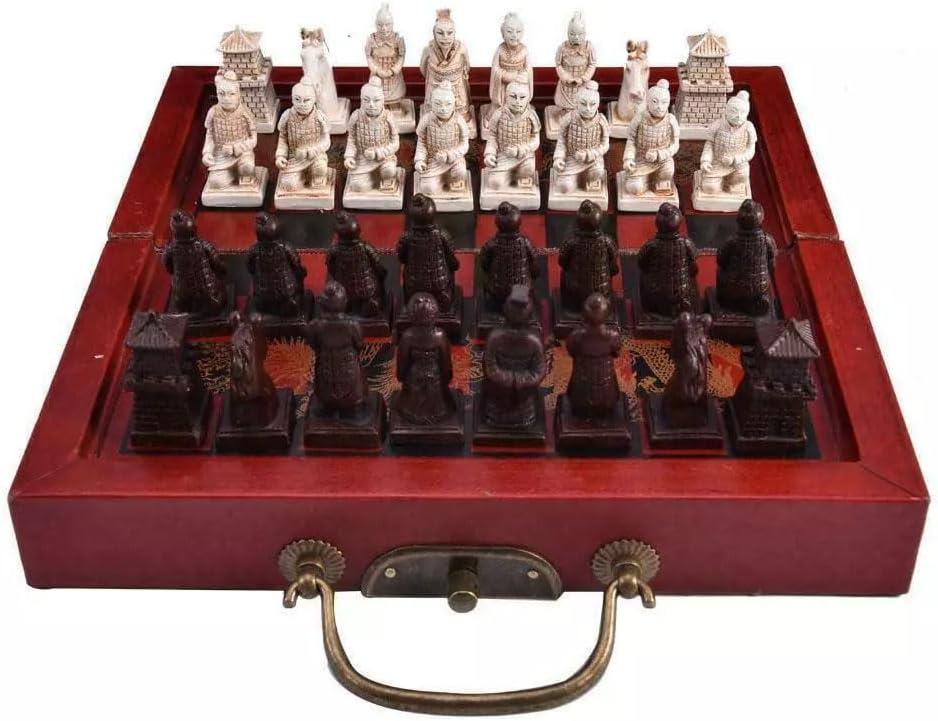 Retro Vintage Chinese Terracotta Warriors Chess Set Board Game Set Gift Friends Family 32 Chess Set Wood Table 3D Resin Chess