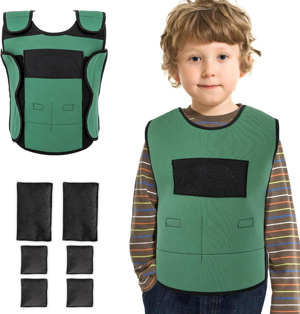 OUTREE Weighted Vest for Kids with Sensory Needs (Medium, Ages 5-7), Compression Vest for Kids with ADHD and Autism, Kids Weighted Vest Including 6 Removable Weights, Breathable Mesh Design (Green)